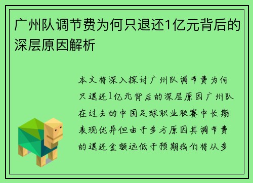 广州队调节费为何只退还1亿元背后的深层原因解析